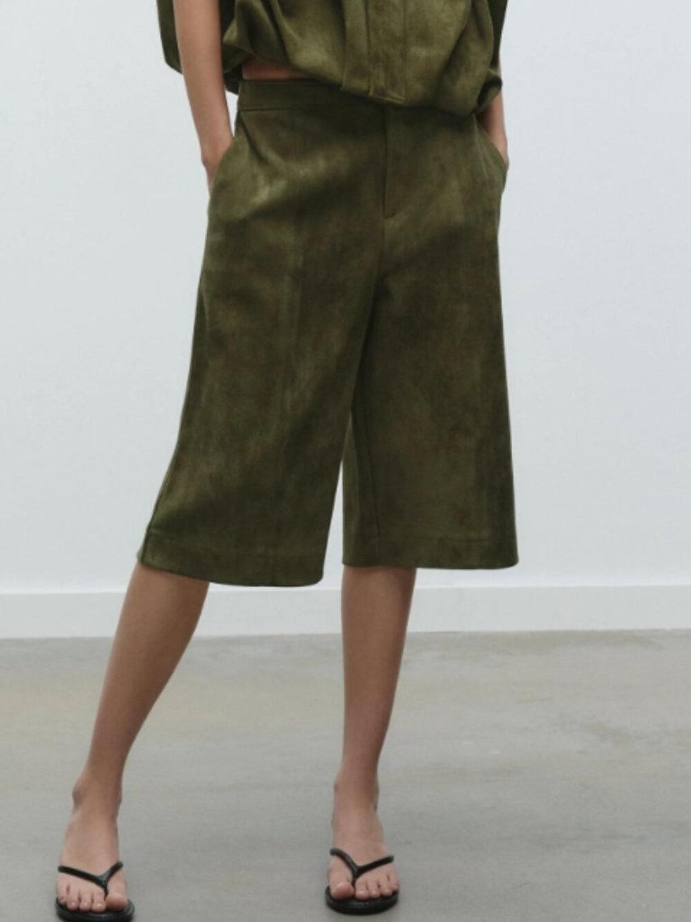 Zara Suede Effect Shorts Olive Green